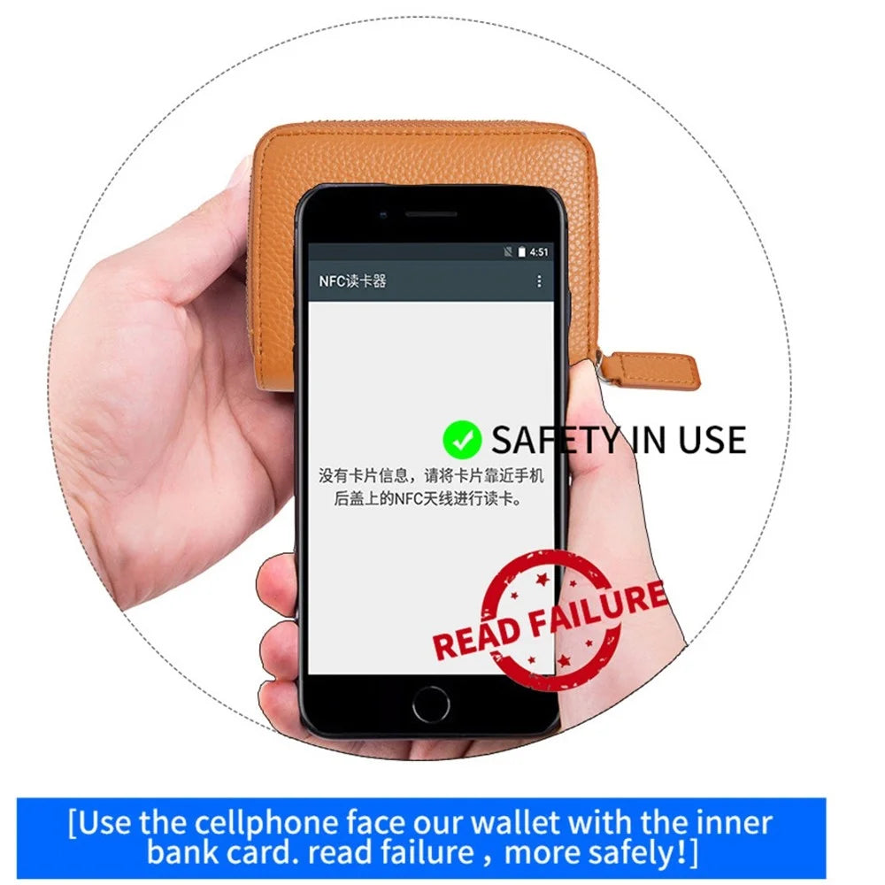 ZS-BO226 RFID Blocking Cowhide Leather Organ Card Holder Bag Zipper Coin Purse Women Short Wallet - Black - 7