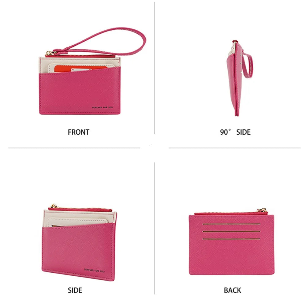 FFY FY1022-55 Solid Color Minimalist PU Leather Card Holder Zipper Coin Pocket Storage Bag with Hand Strap - Rose - 4