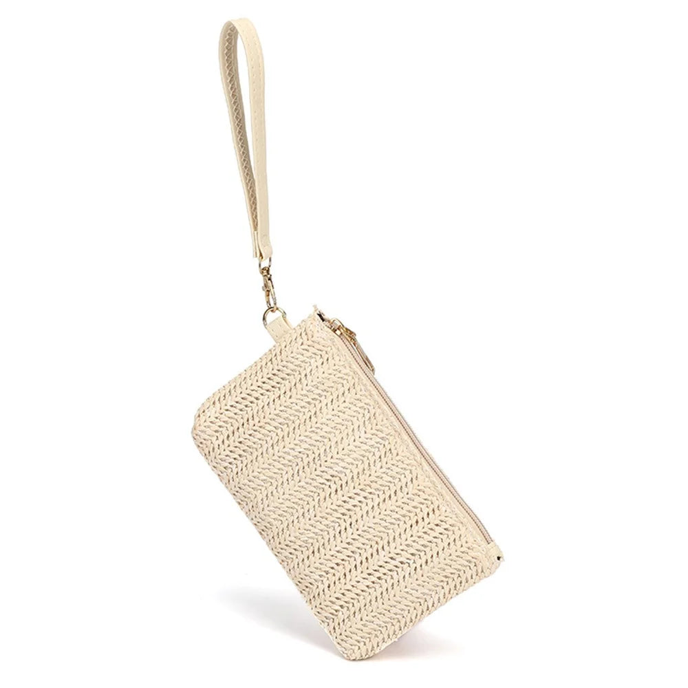 PE+PP Woven Texture Clutch Wrist Carrying Bag Cell Phone Pouch Handmade Bag Purse Wristlet Wallet - Beige - 3