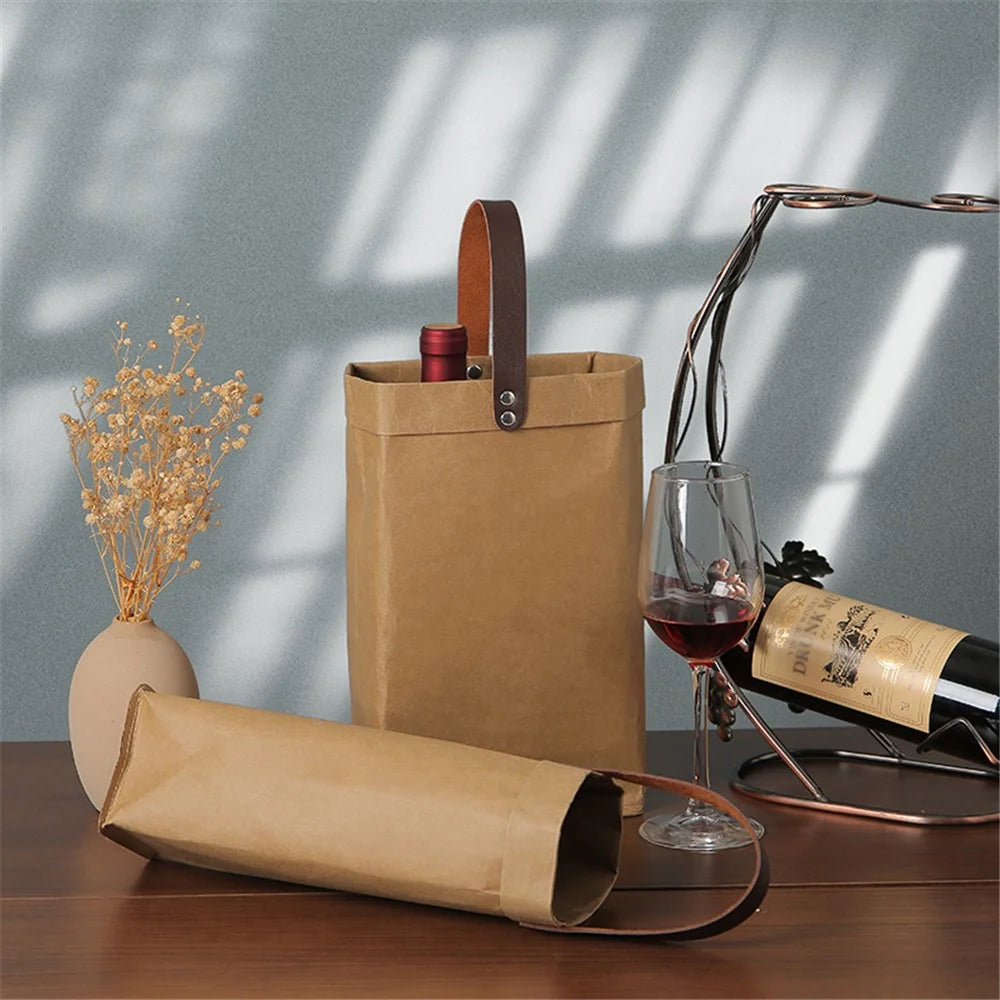 Reusable Premium Kraft Paper Wine Gift Bag with Handle, Wine Storage Bag for for Christmas Wedding Party - 4