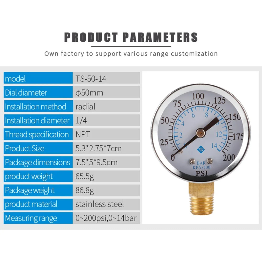 TS-50-14 1 / 4'' NPT Bottom Mount Pressure Gauge Dual Scale Water Pressure Gauge 0-200 PSI Test Range Oil Pressure Gauge - 4