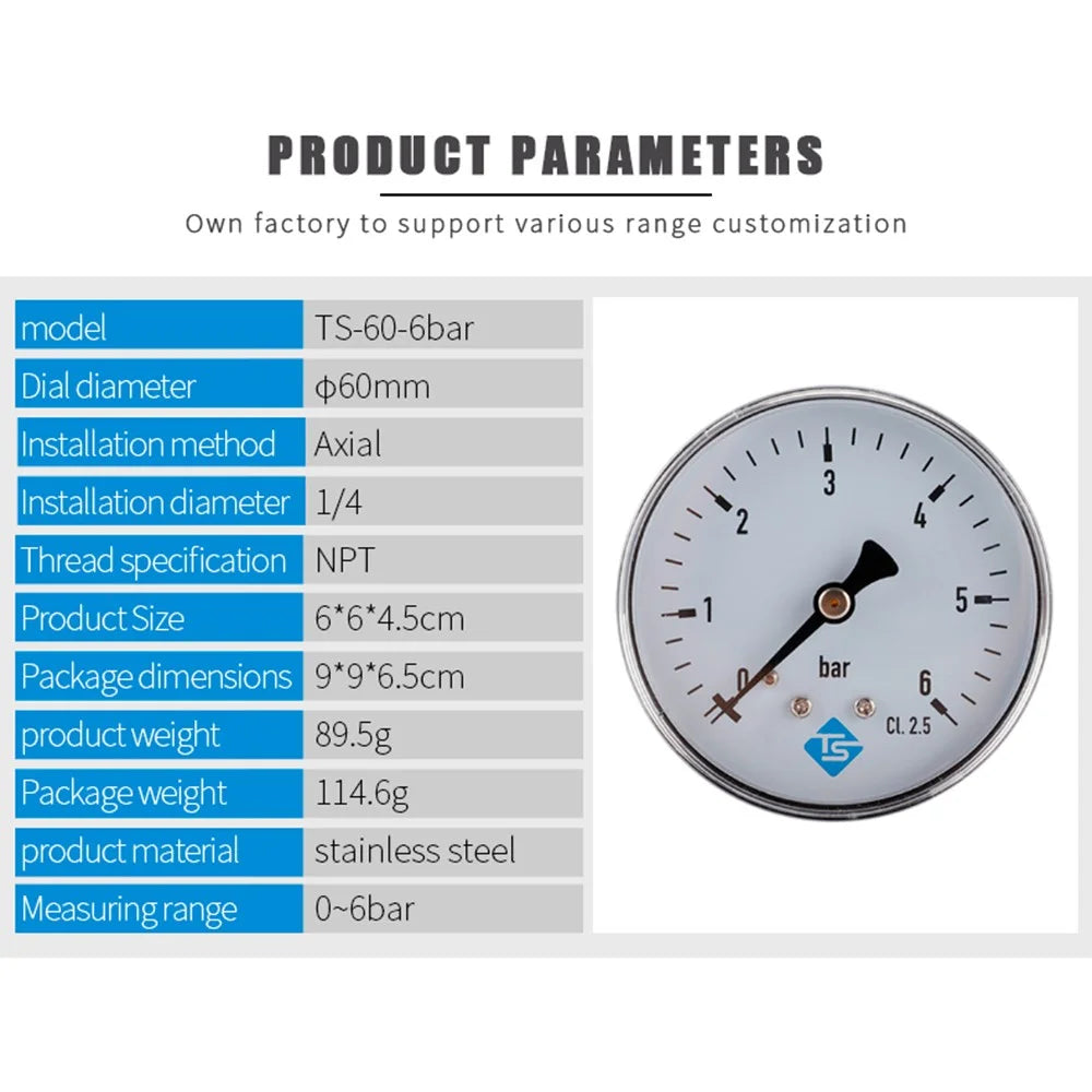 TS-60-6bar High Precision 60mm Large Dial Pressure Gauge 0-6 Bar Water / Gas / Air Pressure Measurement Tool with 1 / 4'' NPT Bottom Mount - 4