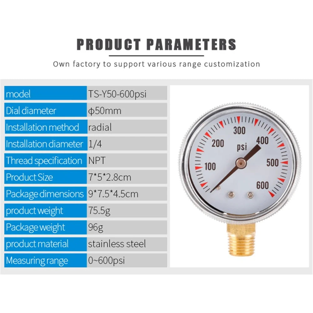 TS-Y50-600psi Dual Scale Water Vacuum Pressure Gauge High Precision Gas Air Pressure Gauge 1 / 4'' NPT Bottom Mount - 7