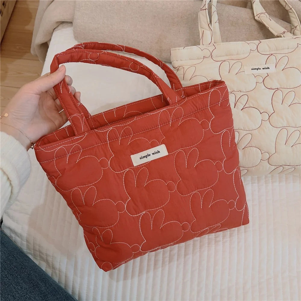 576 Rabbit Pattern Cotton Cloth Handbag Shopping Tote Bag Large Capacity Soft Travel Storage Hand Bag - Red - 2