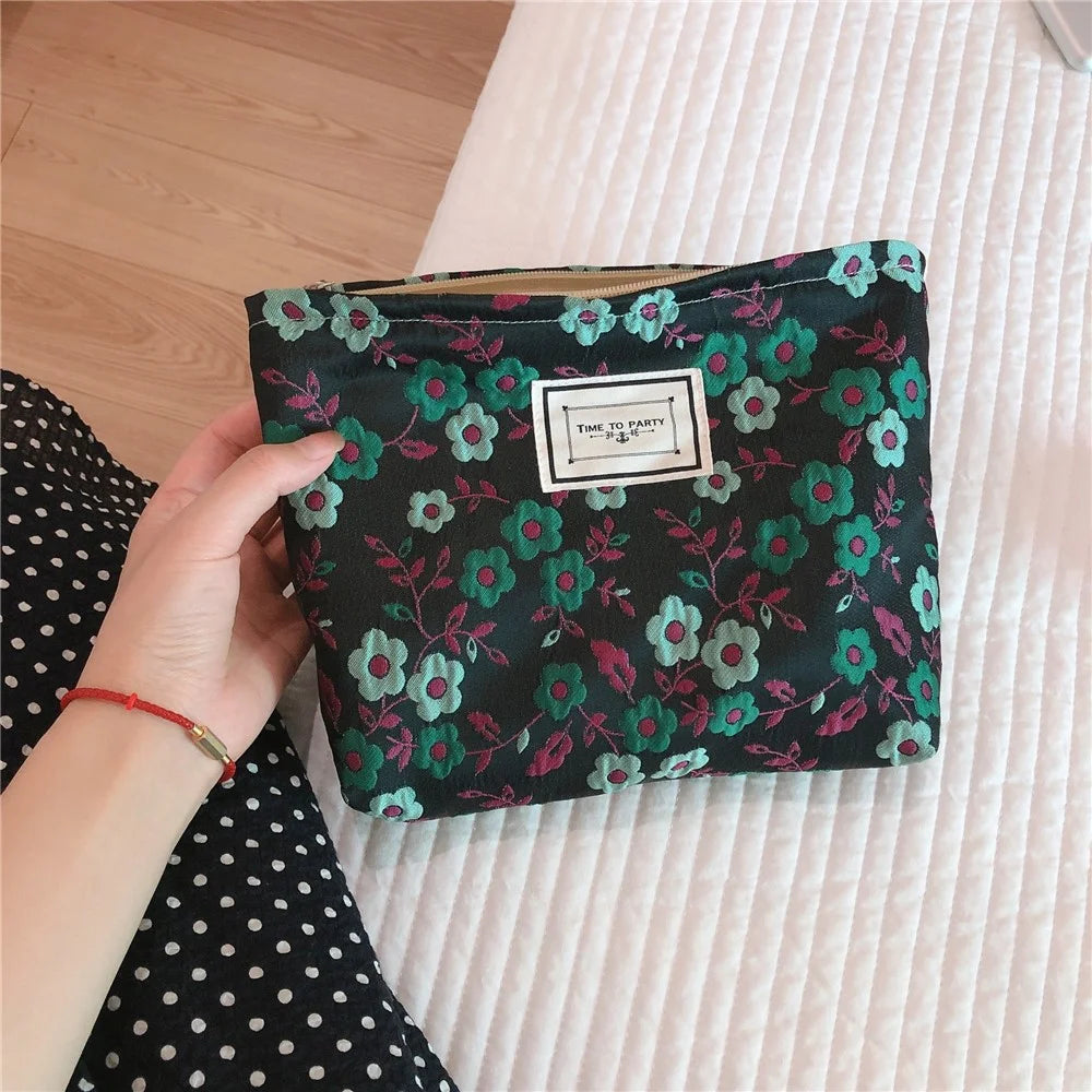 399 Portable Cosmetic Pouch Fashion Flower Pattern Travel Makeup Bag Women Toiletry Organizer - Black - 2