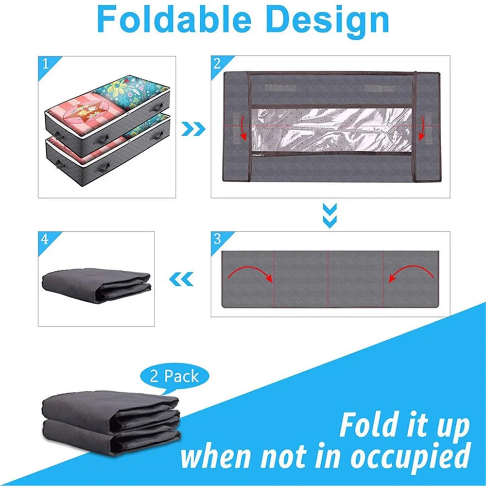 KZ-001001 2Pcs 100*50*15cm Transparent Window Under Bed Foldable Storage Bag Zippered Organizer Blankets Clothes Storage Bin - Grey - 2