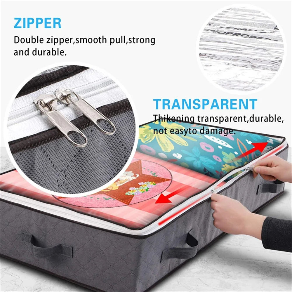 KZ-001001 2Pcs 100*50*15cm Transparent Window Under Bed Foldable Storage Bag Zippered Organizer Blankets Clothes Storage Bin - Grey - 4