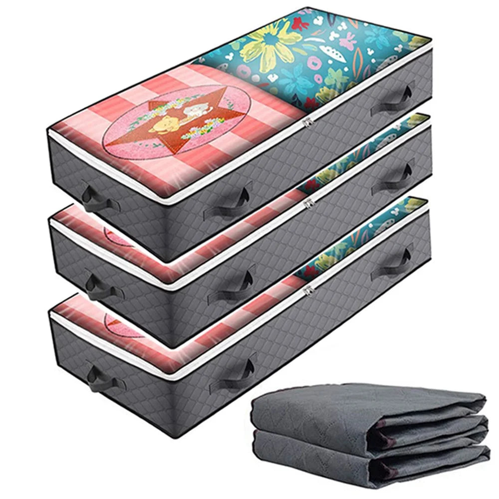 KZ-001001 3Pcs 100*50*15cm Foldable Under Bed Blankets Clothes Organizer Storage Bag Zippered Storage Bin with Transparent Window - Grey - 1