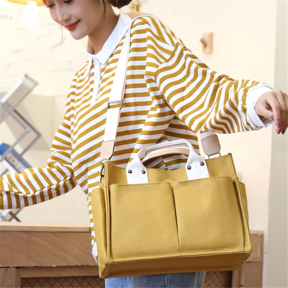 Women Canvas Tote Bag Casual Handbag Crossbody Shoulder Bag Large Capacity Mommy Pouch - Yellow - 2