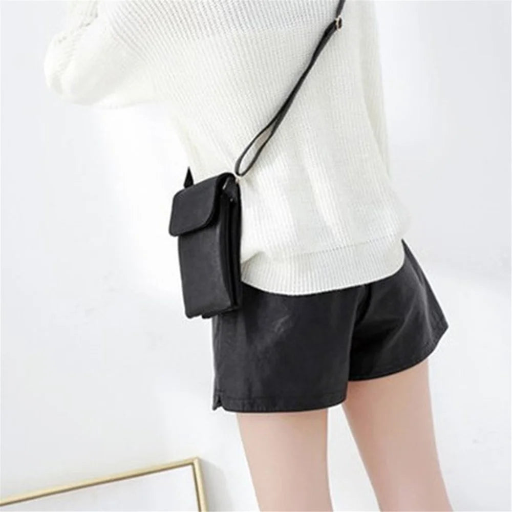 Retro PU Leather Crossbody Bag Small Shoulder Bag Phone Storage Pouch Travel Bag - Black / Matte - 3