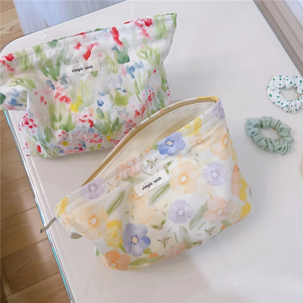 Canvas Clutch Bag Flower Pattern Travel Toiletry Cosmetic Storage Bag - Yellow Orange Flower - 2