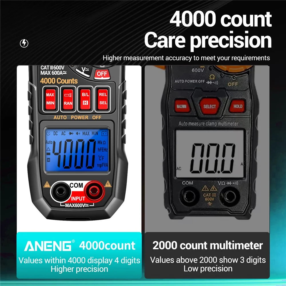 ANENG PN128 AC / DC Clamp Current Multimeter 4000 Count NCV Induction Measure Pliers Tester with Flashlight - Black - 4