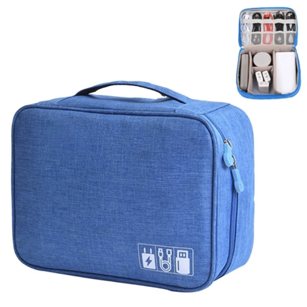 300D Cationic Zipper Bag Water-Resistant Data Cable Digital Accessories Carrying Pouch Power Bank Handbag - Sky Blue - 2