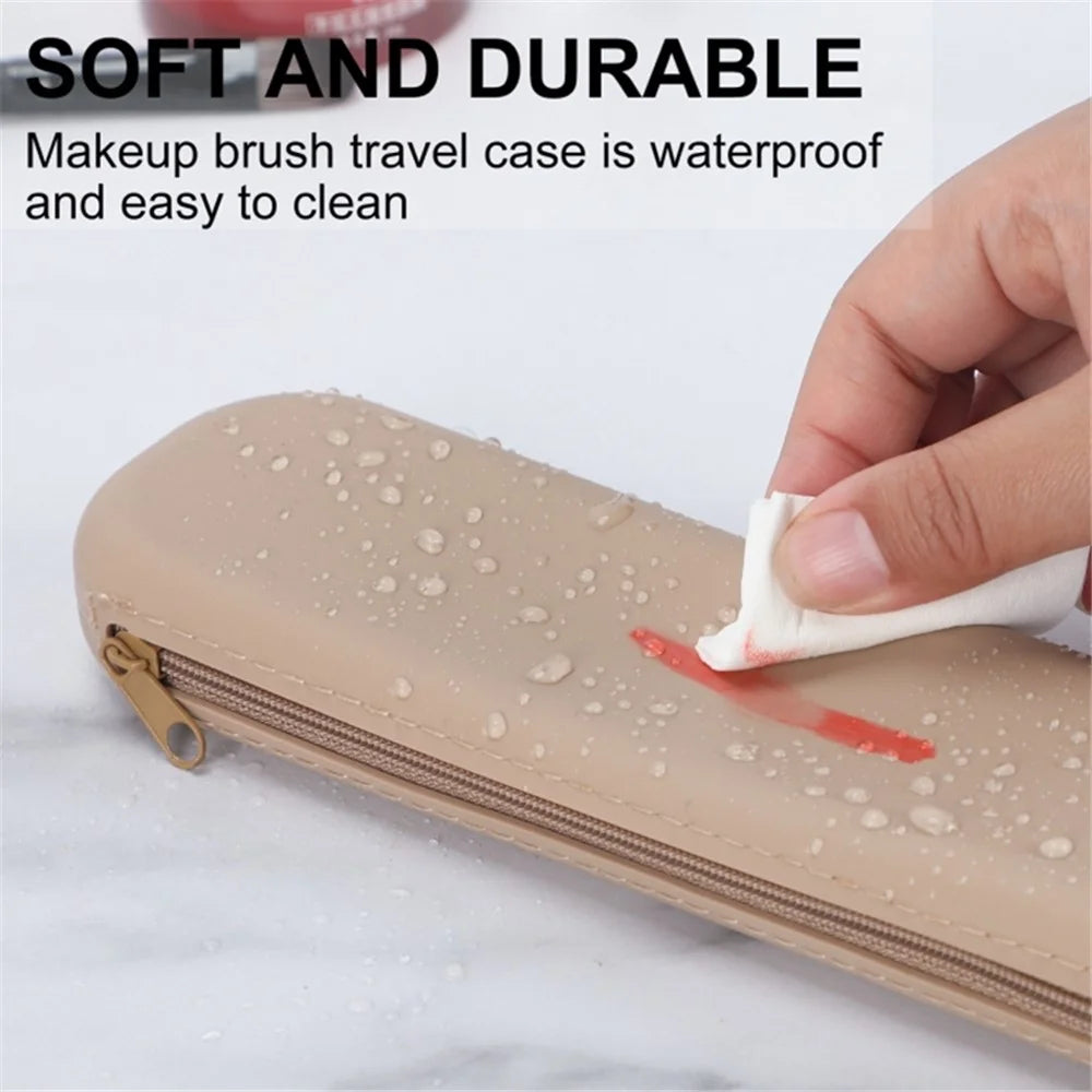 Mirror Design Travel Makeup Brush Holder Portable Silicone Cosmetic Bag (with Lanyard) - Khaki - 4