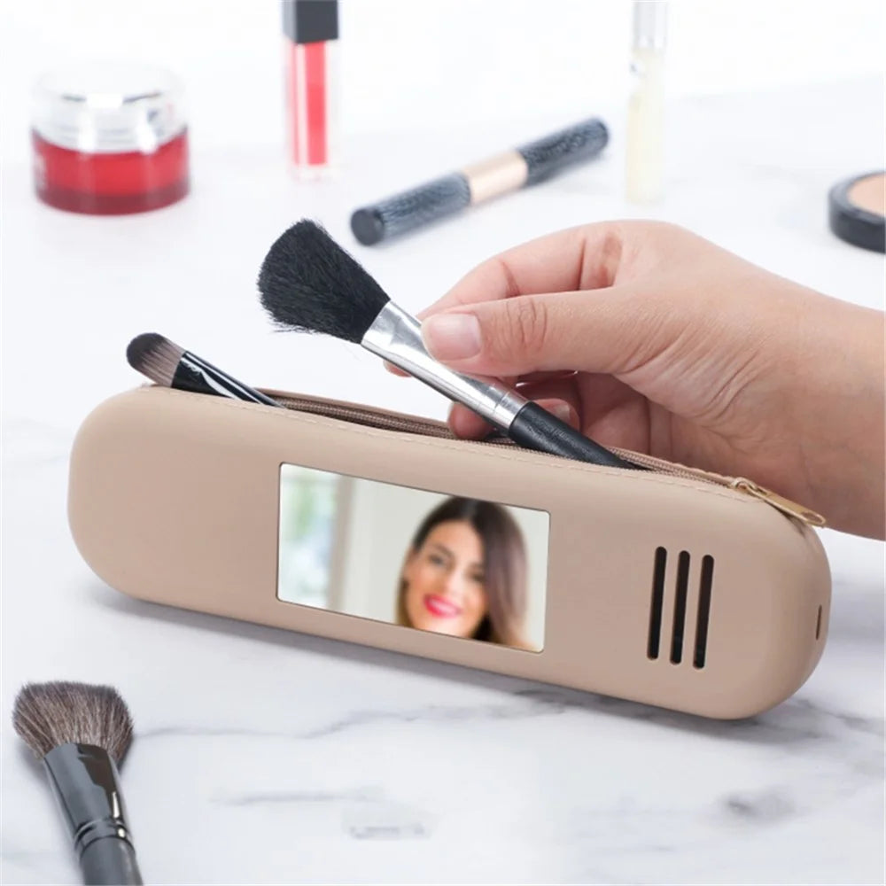 Mirror Design Travel Makeup Brush Holder Portable Silicone Cosmetic Bag (with Lanyard) - Khaki - 7
