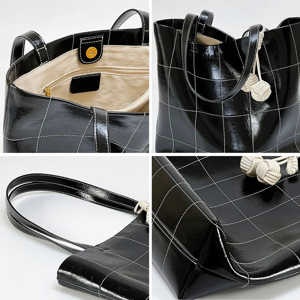 938 Women Shoulder Bag Waxy Cowhide Leather Tote Large Handbag with Decorative Pendant - Black - 2
