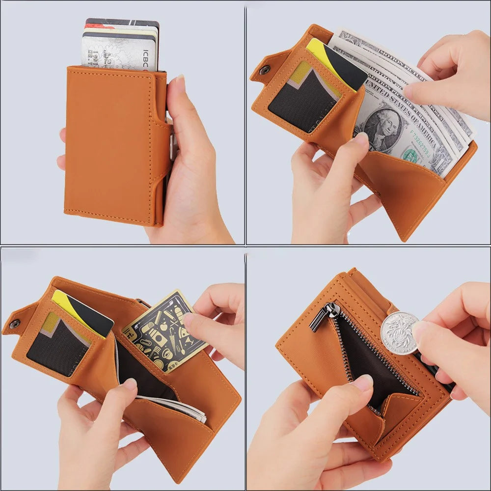 RFID Blocking Credit Card ID Card Holder Aluminum Alloy+PU Leather Card Pouch Case Wallet Billfold - Black - 3