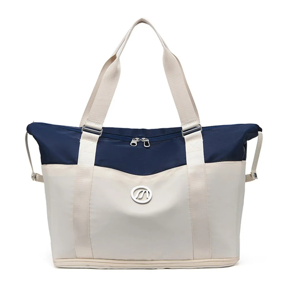 Foldable Travel Bag Waterproof Nylon Luggage Tote Bag with Expandable Capacity - Blue+Beige - 1