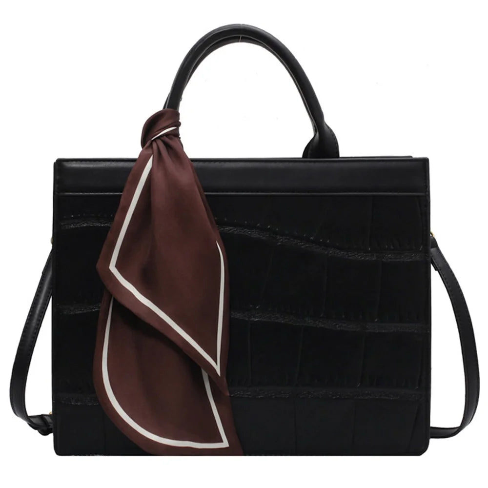 Crocodile Texture PU Leather Shoulder Bag Women Square Crossbody Tote Handbag with Scarf Decor, Size L - Black - 1