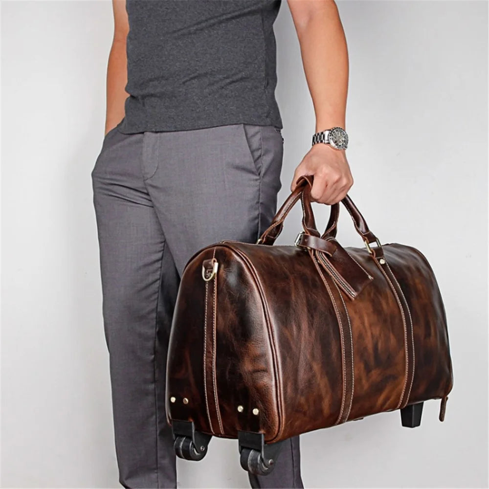 Retro Genuine Cow Leather Trolly Bag for Traveling Men Tote Shoulder Bag with Wheels - 5