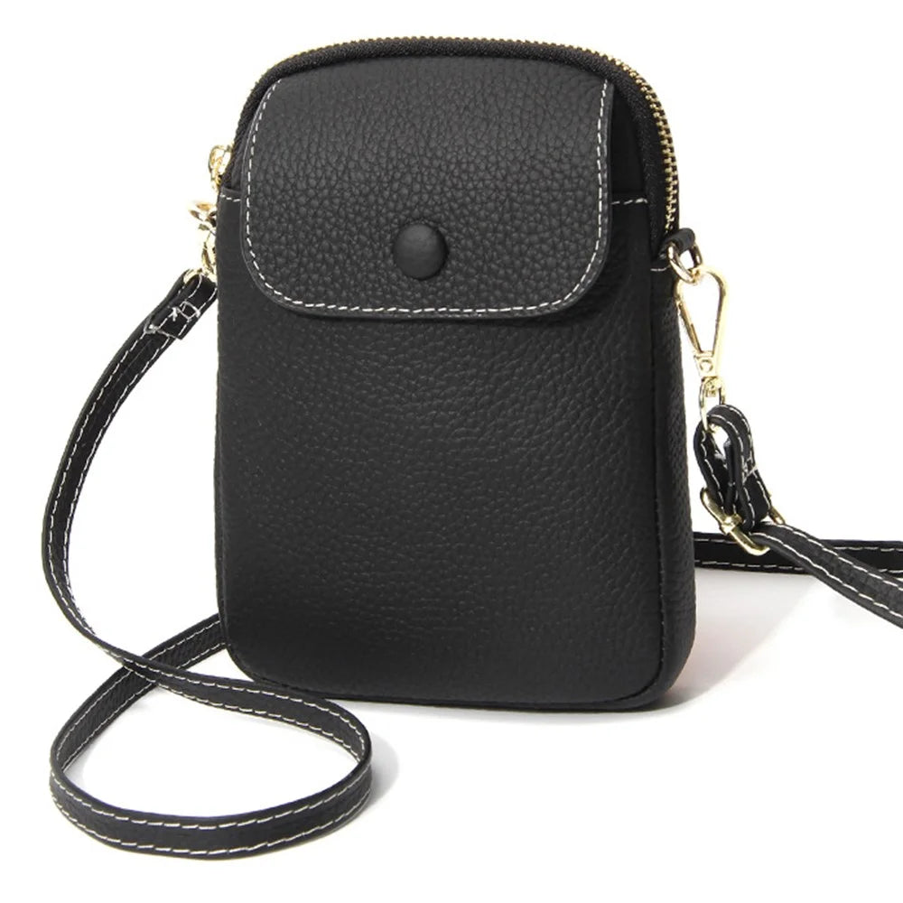 S9925 Cellphone Holder Small Crossbody Bag Top Layer Cowhide Leather Shoulder Bag - Black - 1