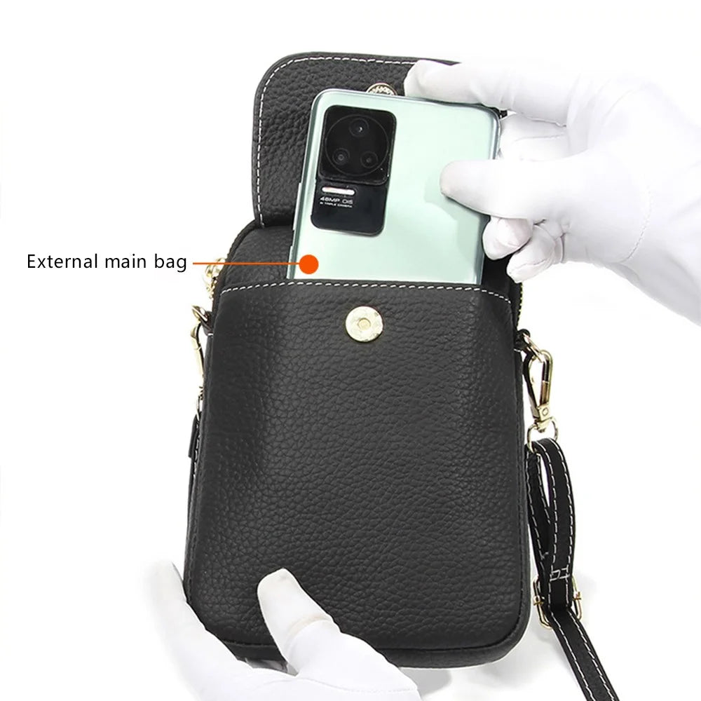 S9925 Cellphone Holder Small Crossbody Bag Top Layer Cowhide Leather Shoulder Bag - Black - 3