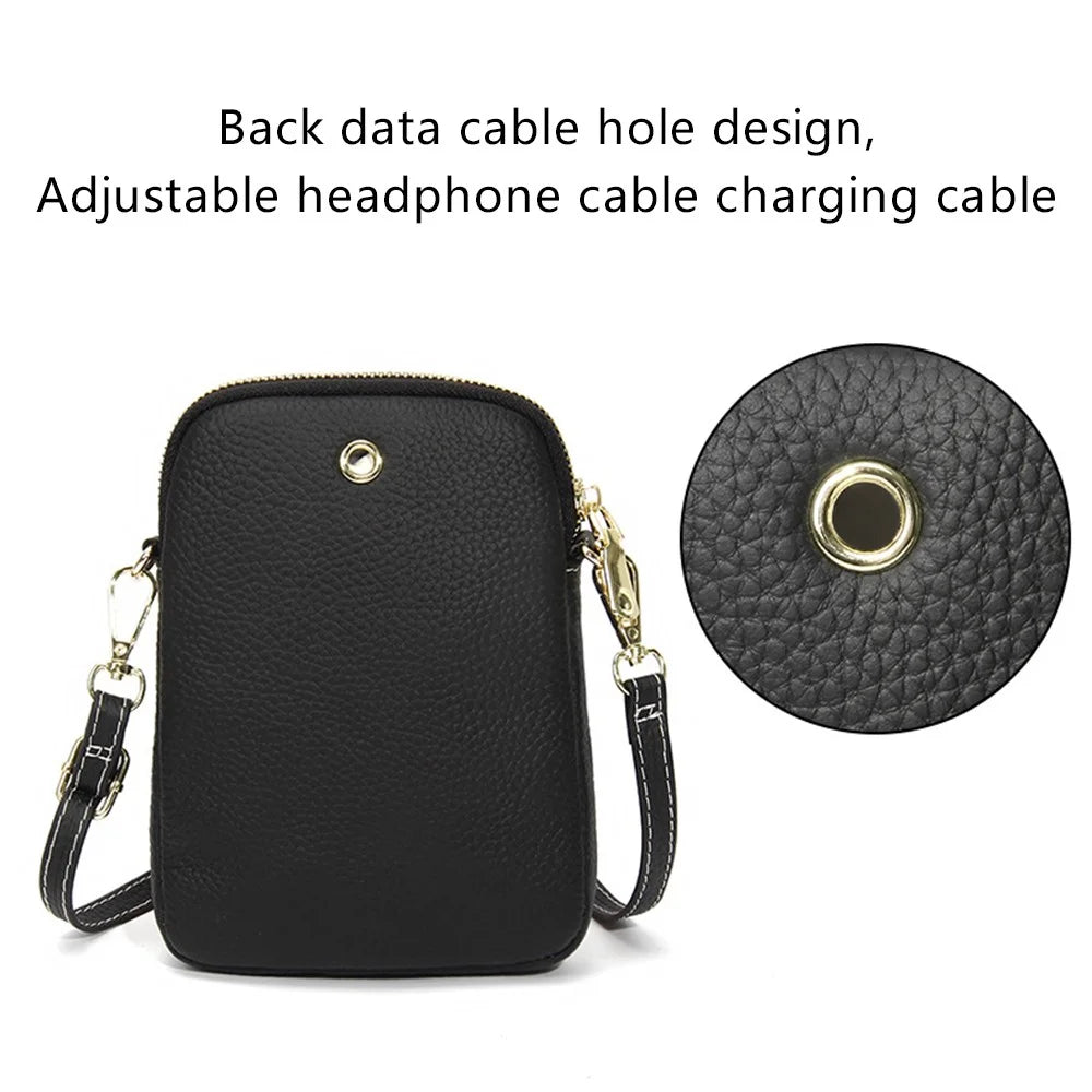 S9925 Cellphone Holder Small Crossbody Bag Top Layer Cowhide Leather Shoulder Bag - Black - 4