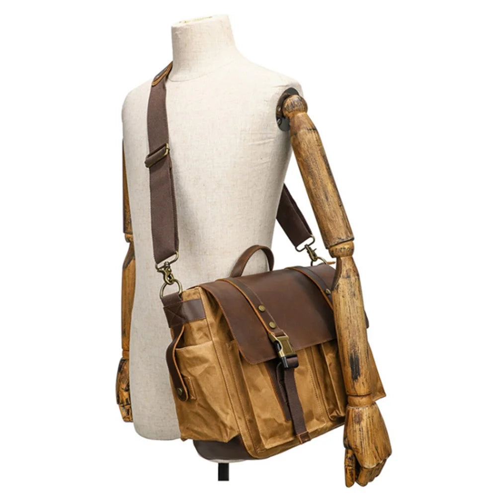 S11 Outdoor Single Shoulder Crossbody Bag Waxed Leather Flap Casual Canvas Bag - Khaki - 2