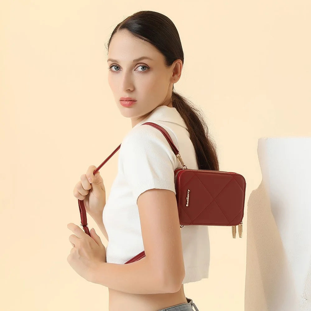 BAELLERRY N0112 Rhombus Grid Stitching Crossbody Bag PU Leather Women's Daypack Shoulder Bag - Red - 2