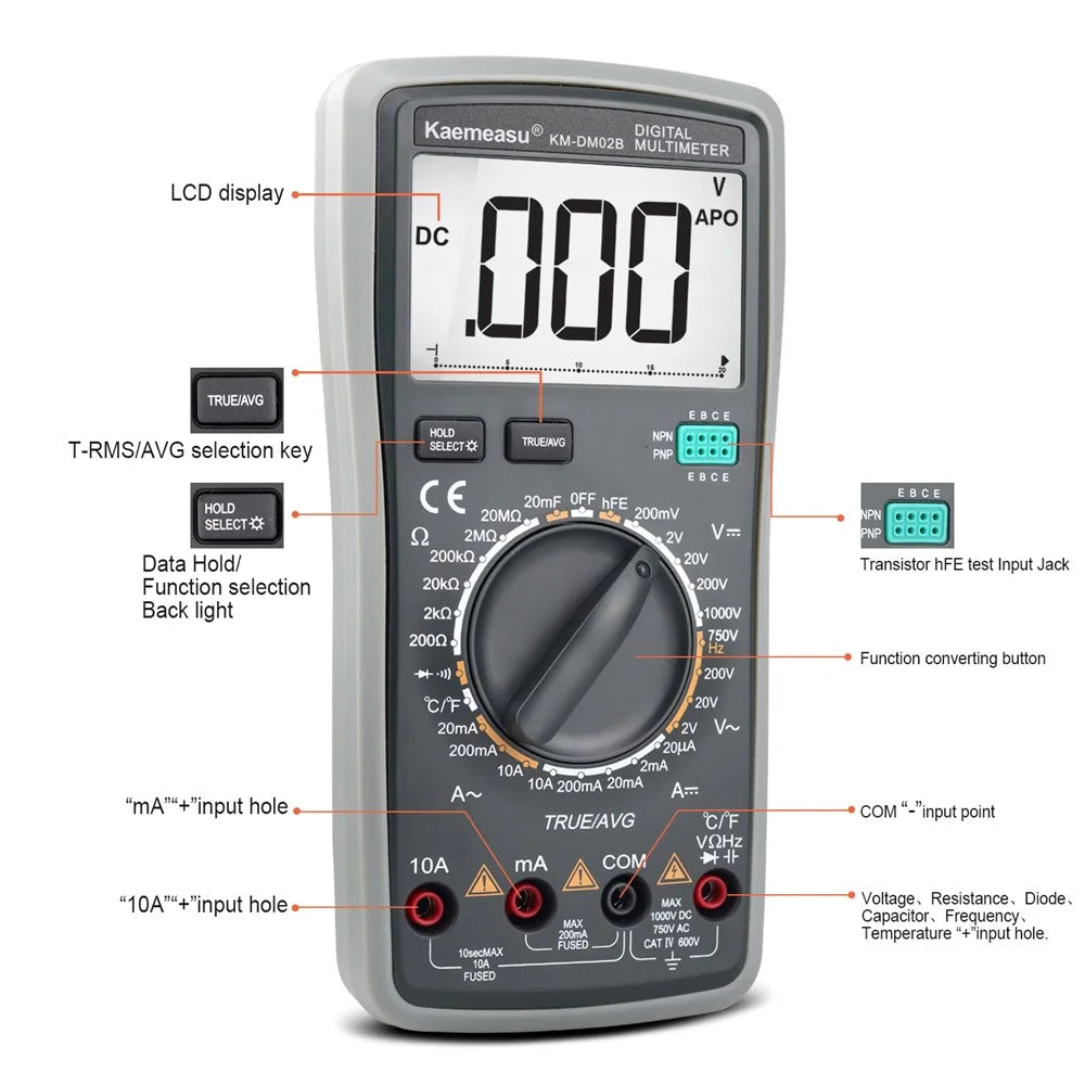 KAEMEASU KM-DM02B HD Screen Portable Smart Multimeter, Anti-Burn Electrician LCD Backlit AC / CD Voltage / Current Tester, No Battery - 2