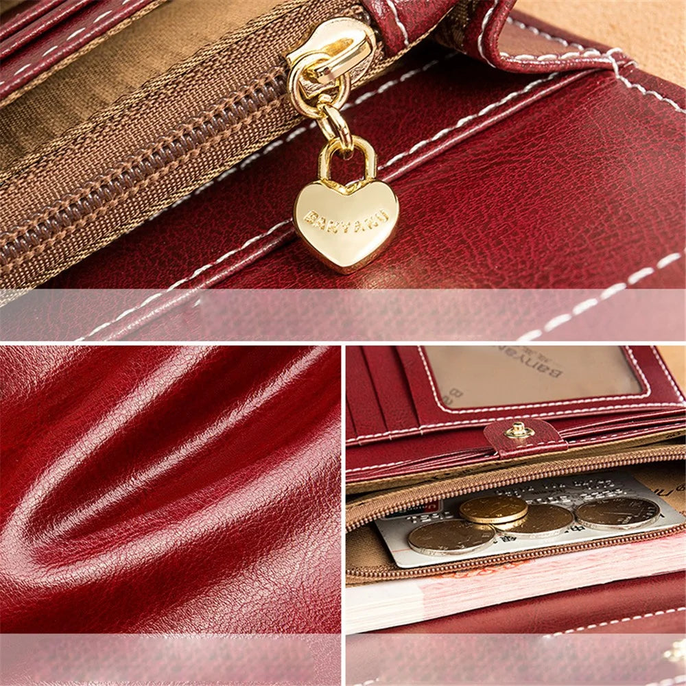 BANYANU BYN-8088 Women Long Wallet Stylish Oil Wax Cowhide Clutch Purse - Wine Red - 7