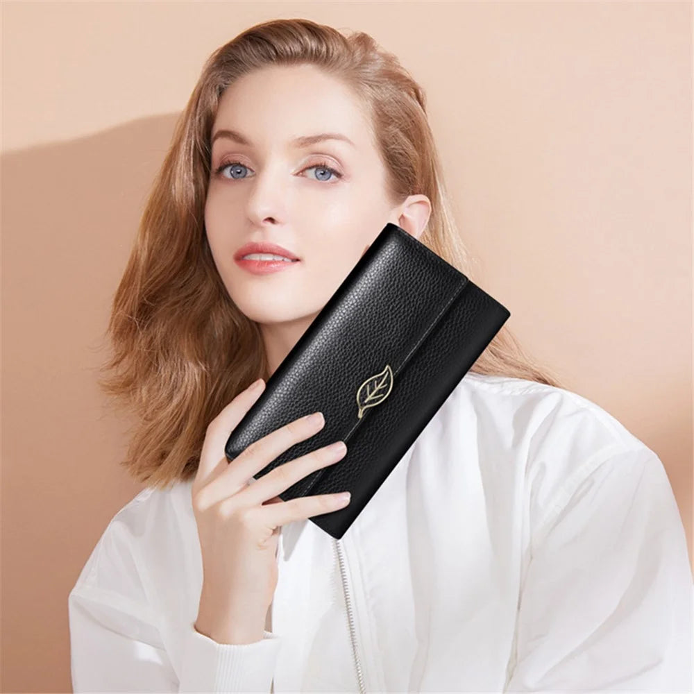 BANYANU BYN-853 Leaf Decor Women Long Wallet Litchi Texture Cowhide Purse - Black - 4