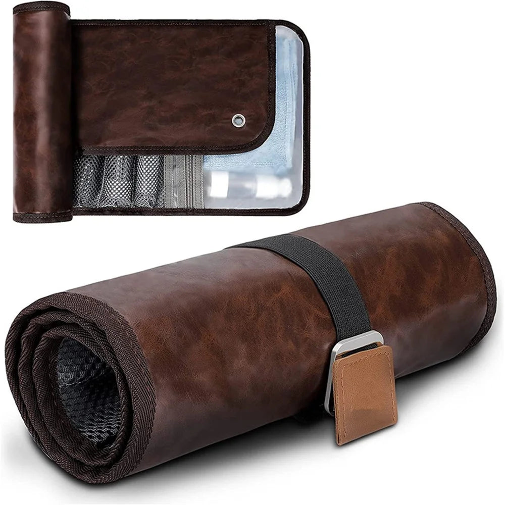 Outdoor Travel Hanging Waterproof Toiletries Organizer Portable Storage Bag - PU Leather / Brown - 1
