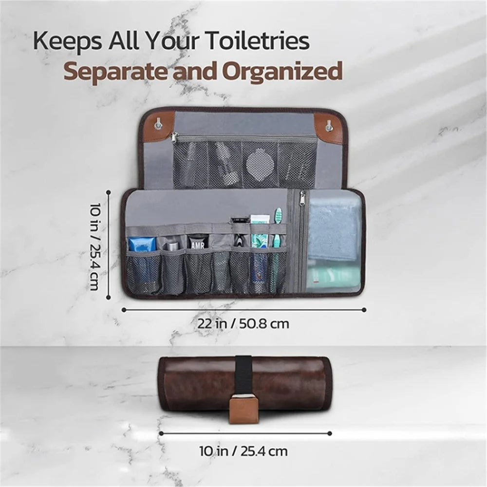 Outdoor Travel Hanging Waterproof Toiletries Organizer Portable Storage Bag - PU Leather / Brown - 2