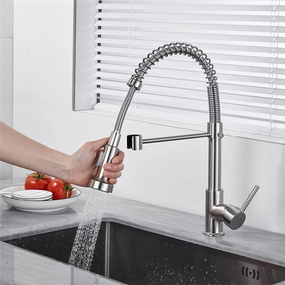 Spring Pull-Out Kitchen Stainless Steel Hot Cold Water Faucet Splash-Proof 2 Modes Sink Faucet with 2 Water Inlet Hoses - Electroplating Silver - 5
