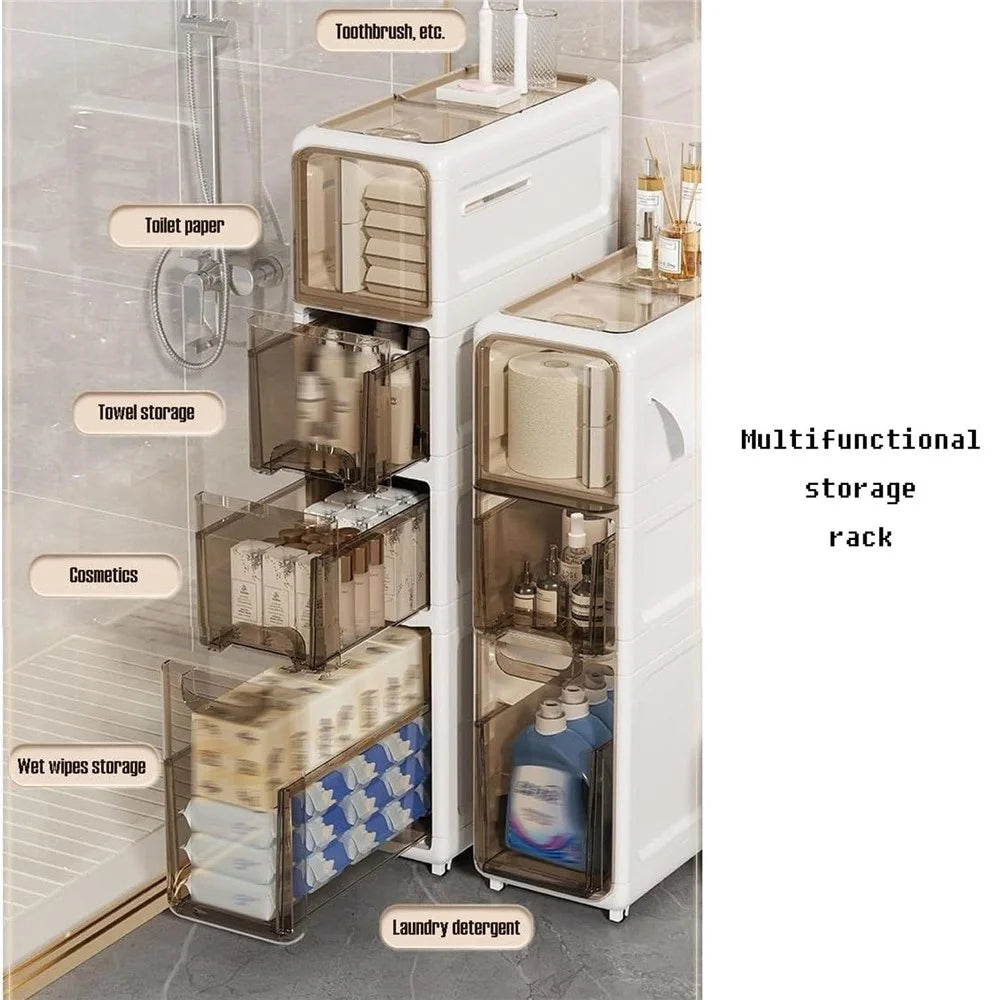 4-Tier Slim Bathroom Storage Cabinet Tissue Dispenser PP + PS Narrow Gap Organizer Shelf - 6