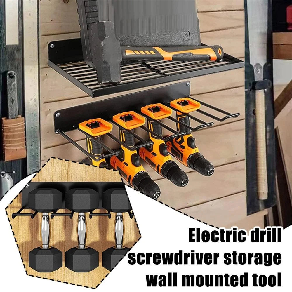 Upper+Lower Layer Wall Mount Power Tool Storage Rack for Drills Screwdrivers Space Saving Metal Shelf - 5