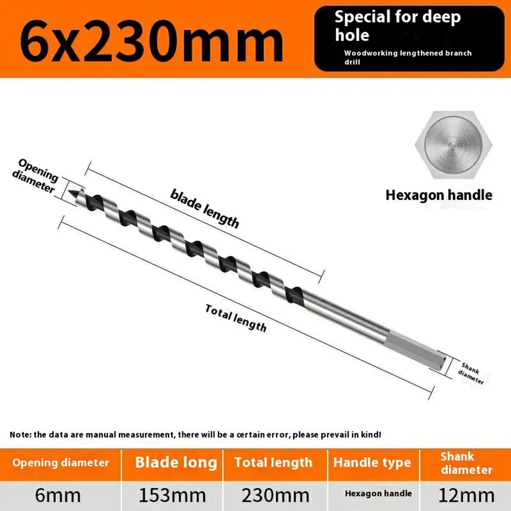 6x230mm Deep Hole Extended Auger Drill Bit Woodworking Hex Shank Bit for Electric Drill / Bench Drill - 6