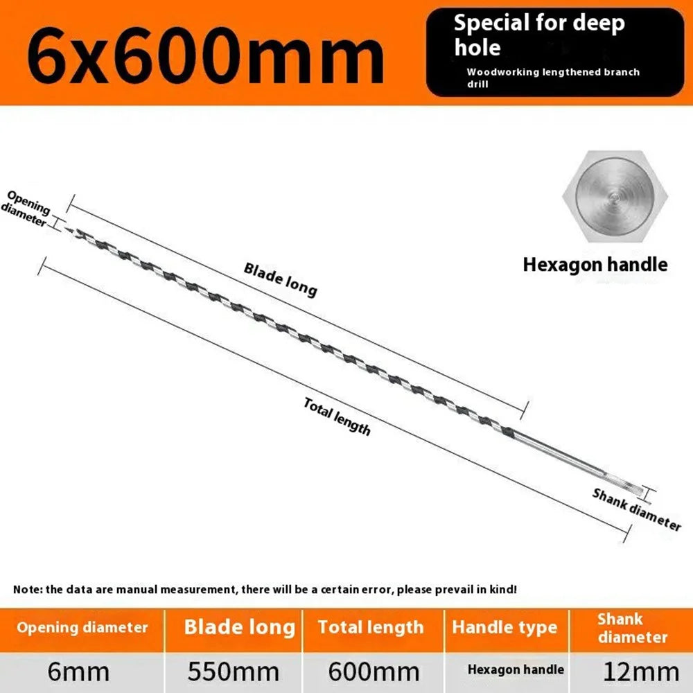 6x600mm Deep Hole Extended Auger Drill Bit Woodworking Hex Shank Bit for Electric Drill / Bench Drill - 6