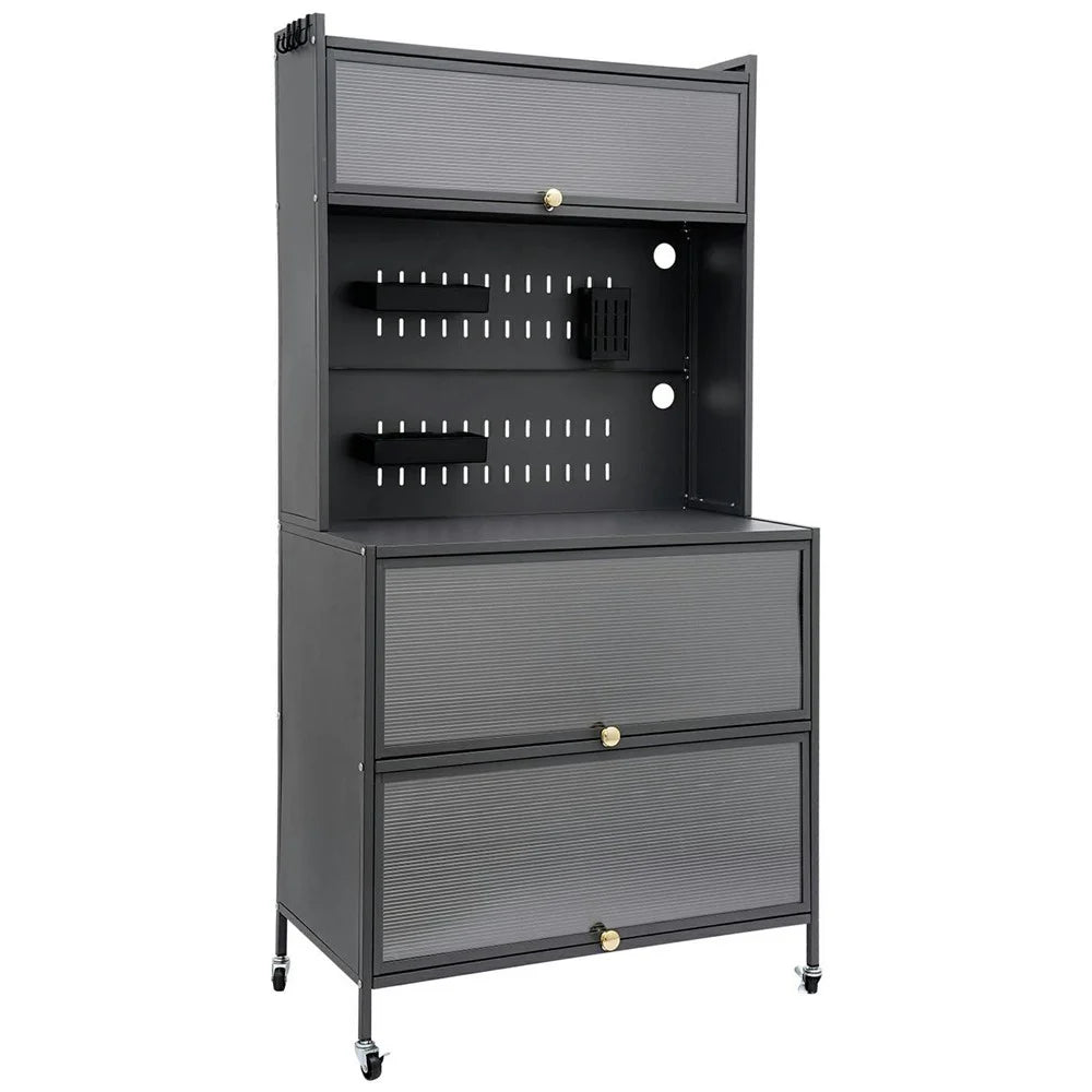 80×42×160cm 5-Tier Carbon Steel Kitchen Storage Cabinet with Doors and Wheels Dish Storage Organizer for Microwave Oven - Dark Grey - 1