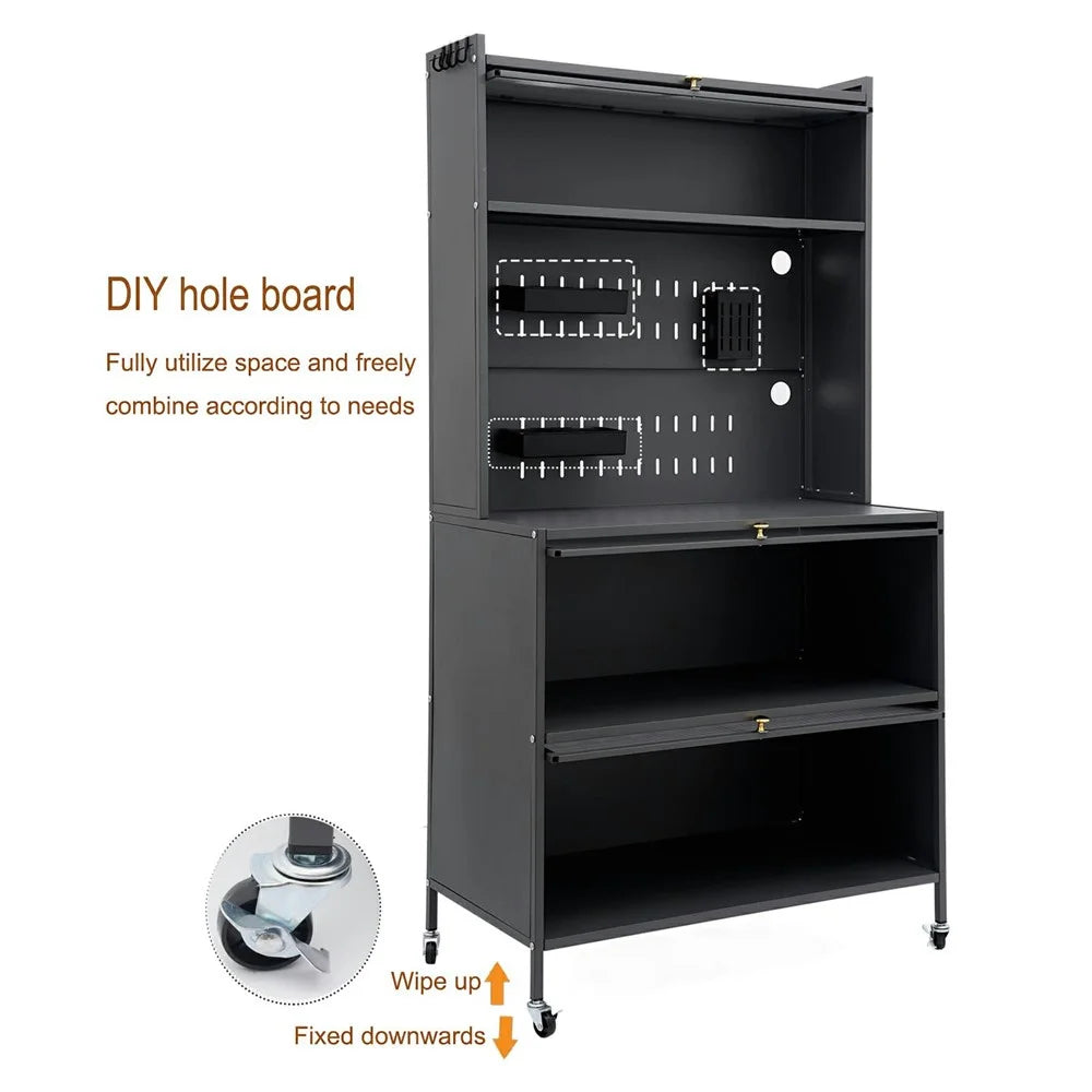 80×42×160cm 5-Tier Carbon Steel Kitchen Storage Cabinet with Doors and Wheels Dish Storage Organizer for Microwave Oven - Dark Grey - 2