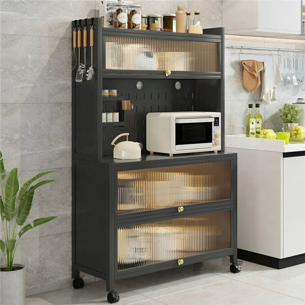 100×42×160cm 5-Tier Carbon Steel Kitchen Storage Cabinet with Doors and Wheels Dish Storage Organizer for Microwave Oven - Black - 3