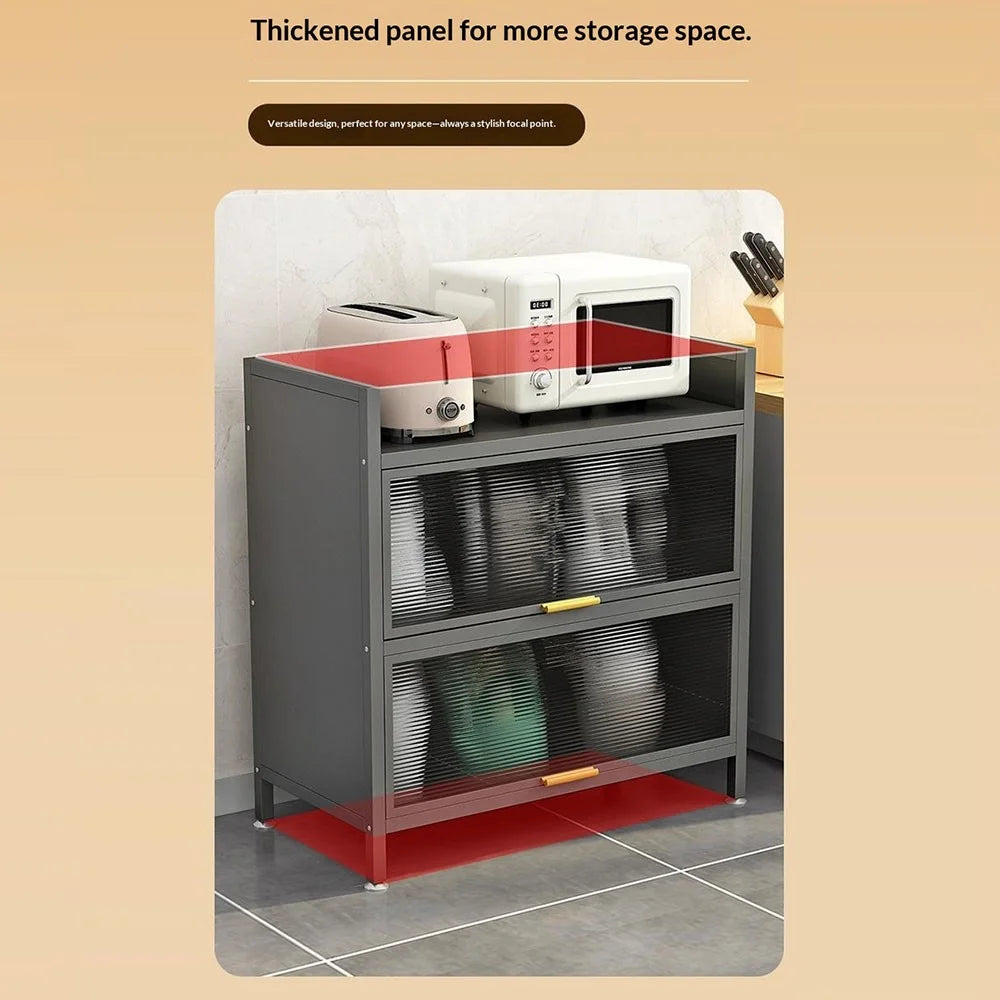 3 Tier 80cm Length Kitchen Storage Cabinet with Doors Multi-Layer Floor Standing Dust-Proof Shelving Unit - Grey - 4