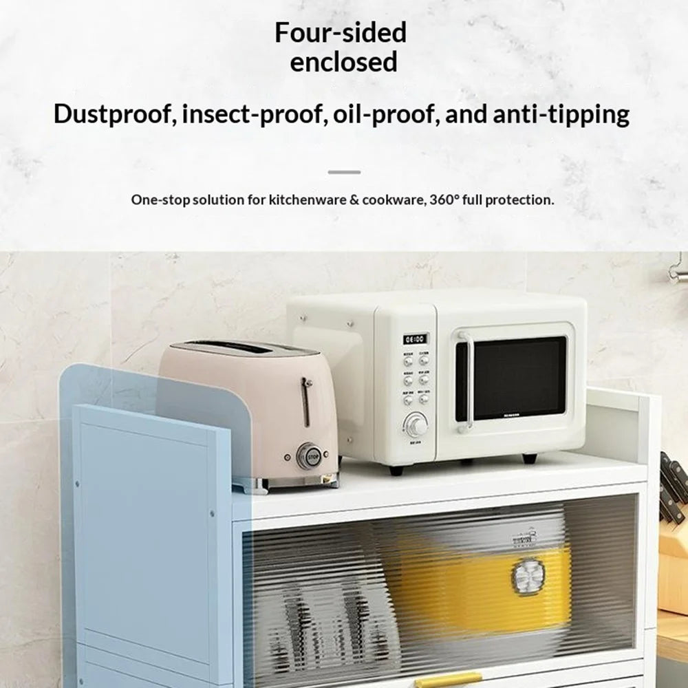 4 Tier 80cm Length Kitchen Storage Cabinet with Doors Multi-Layer Floor Standing Dust-Proof Shelving Unit - Grey - 4