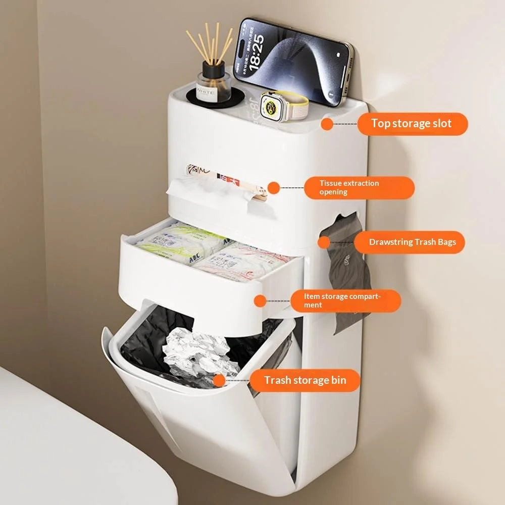 Wall Mounted Trash Can with Lid Tissue Box Combo Space Saving for Bathroom Kitchen Living Room - White - 4