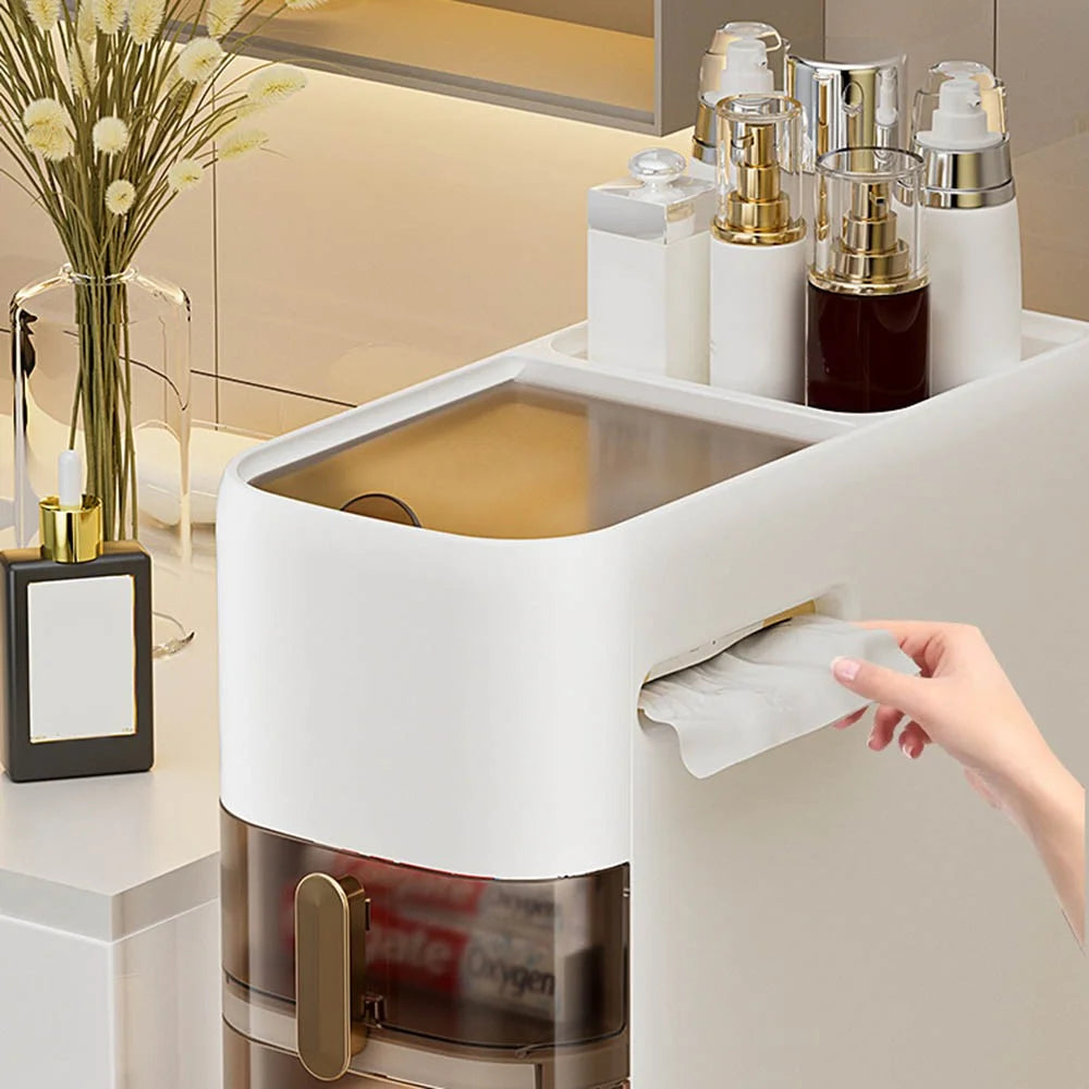 6-Tier Bathroom Storage Cabinet Slim Toilet Paper Holder with Trash Can Drawer Organizer with Wheels - 2