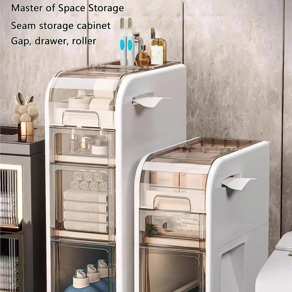 4-Tier Slim Bathroom Storage Cabinet Toilet Paper Towel Organizer with Wheels Trash Can Drawer - 2
