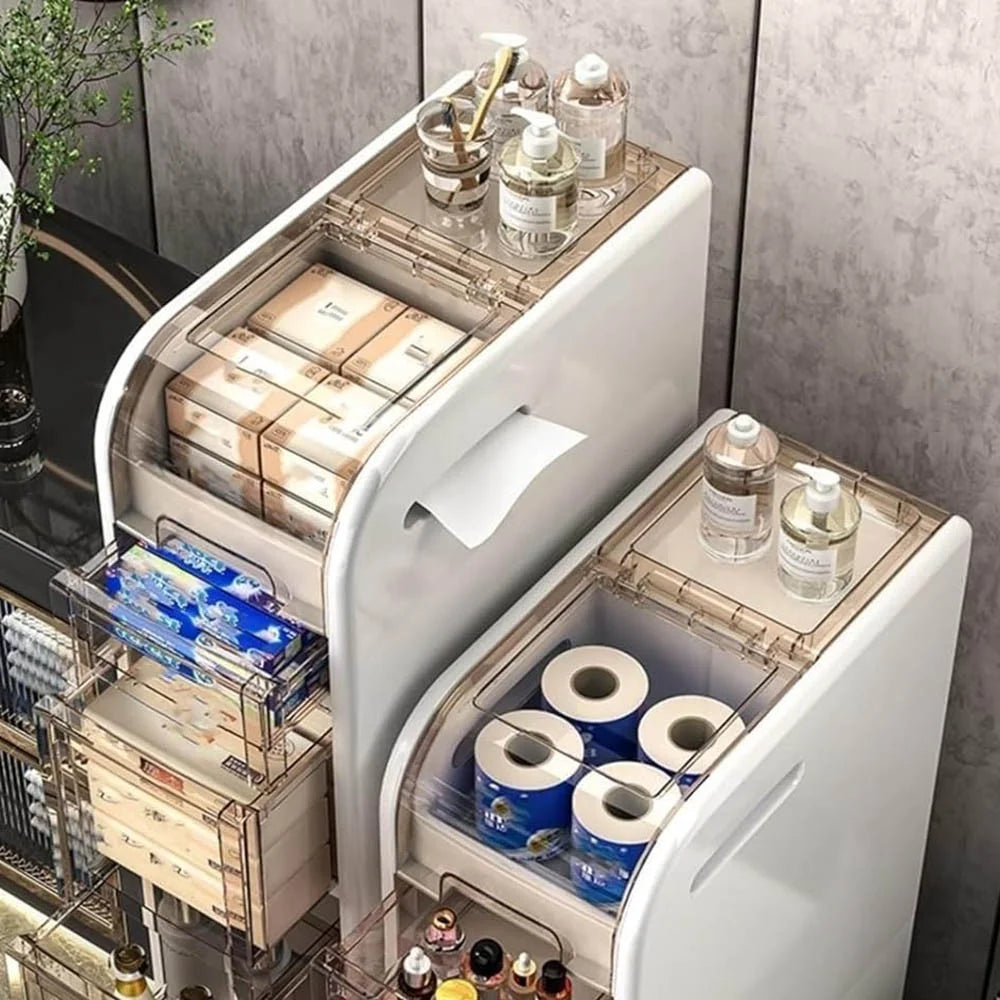 4-Tier Slim Bathroom Storage Cabinet Toilet Paper Towel Organizer with Wheels Trash Can Drawer - 4