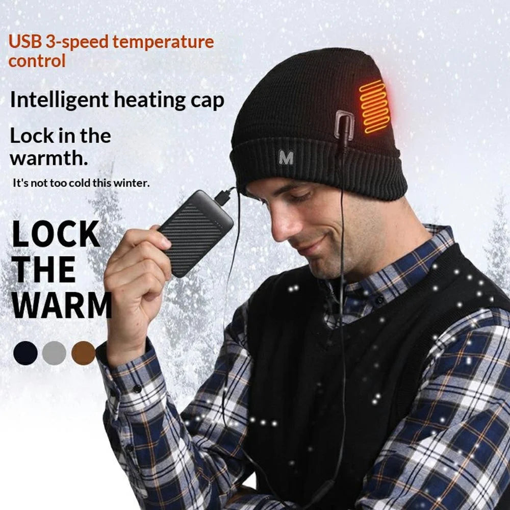 M08 USB Heated Beanie Smart Electric Warming Hat 3 Gear Temperature Winter Thermal Cap for Men Women - Black - 2