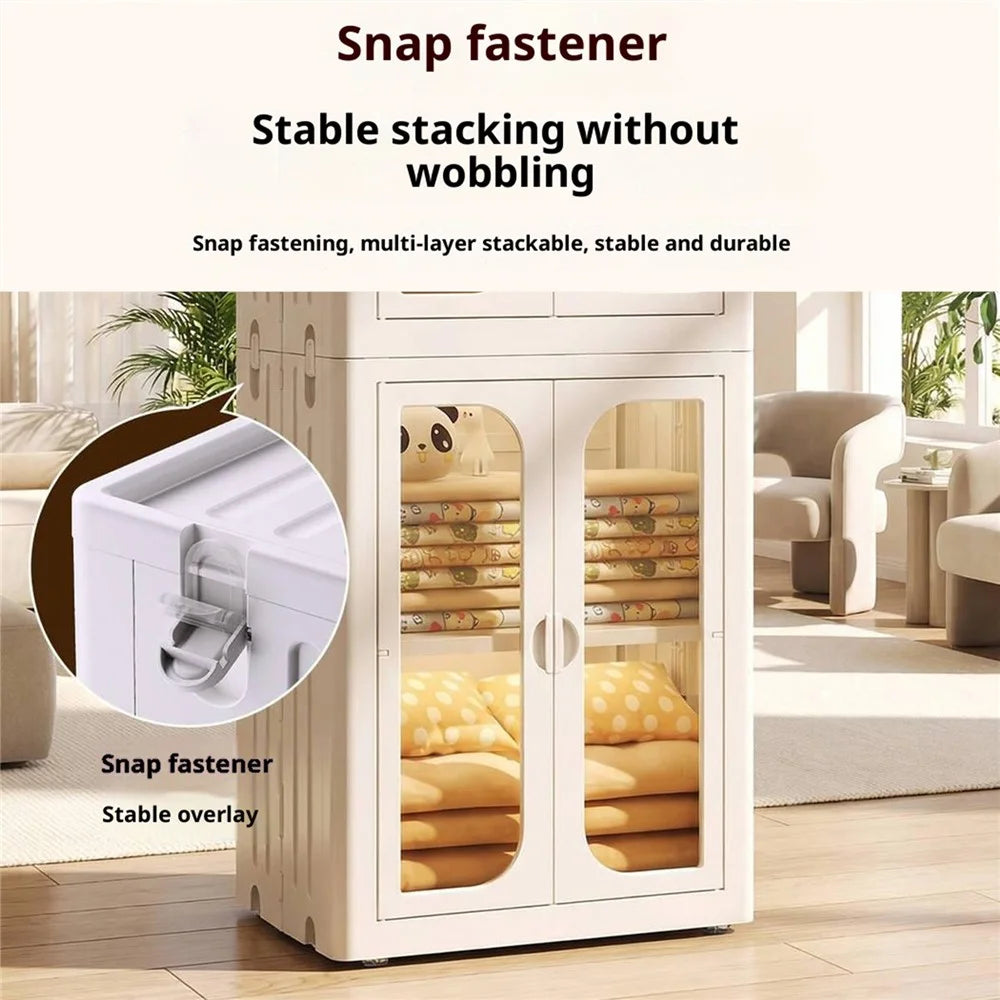 1-Tier Foldable Storage Cabinet No Assembly Transparent Doors Snacks Kids Toys Clothes Organizer Closet - 2